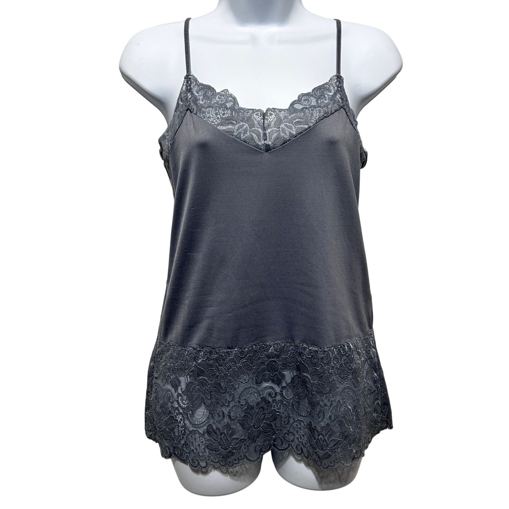 White House Black Market Womens Camisole Long Fitted S Gray Lace‎ Trim Y2K Chic
